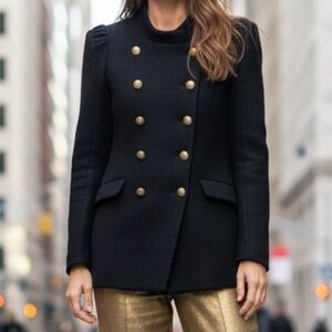 CC COLLECT Women's XS Black Boucle Wool Blazer Jacket Double Brass Buttons Chic